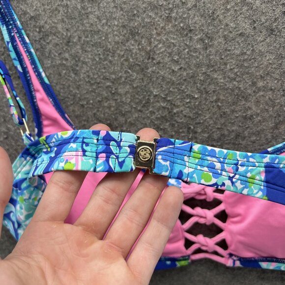 Lilly Pulitzer Bikini Top Womens 14 Blue Floral Lace Up Adjustable Straps Swim - Picture 7 of 11